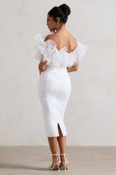 White Ruched Bardot Midi Dress With Organza Trim